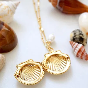 Gold Clam Shell Locket Necklace