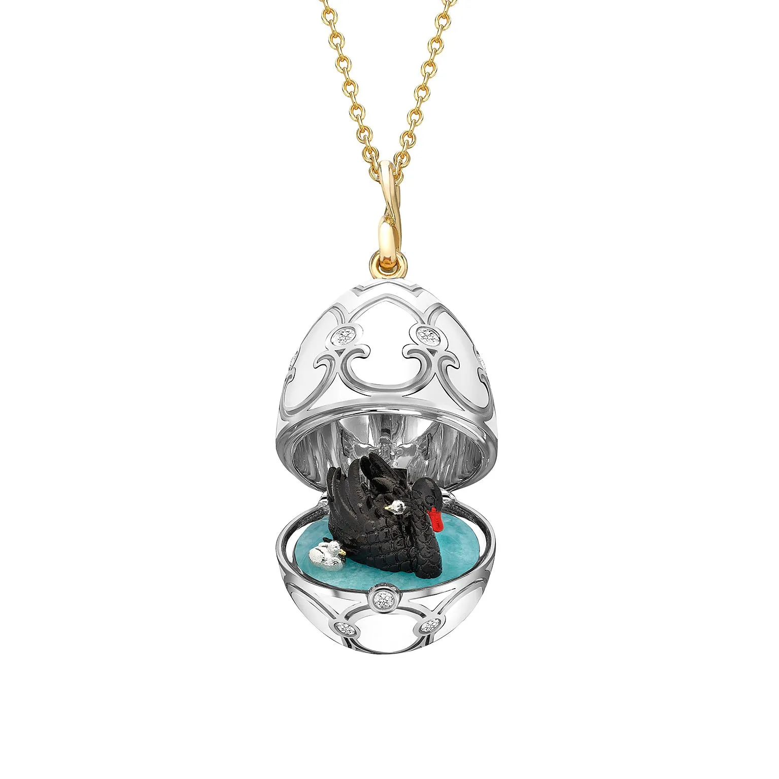 Guilloché Enamel Black Swan Surprise Locket