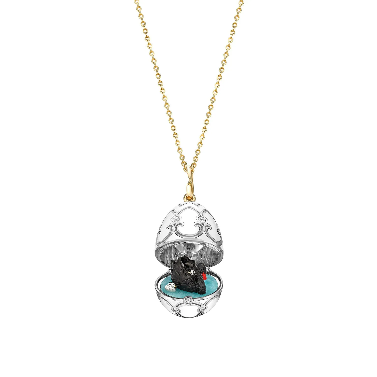 Guilloché Enamel Black Swan Surprise Locket