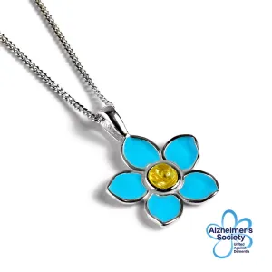 HAND-PAINTED FORGET ME NOT NECKLACE IN SILVER AND YELLOW AMBER