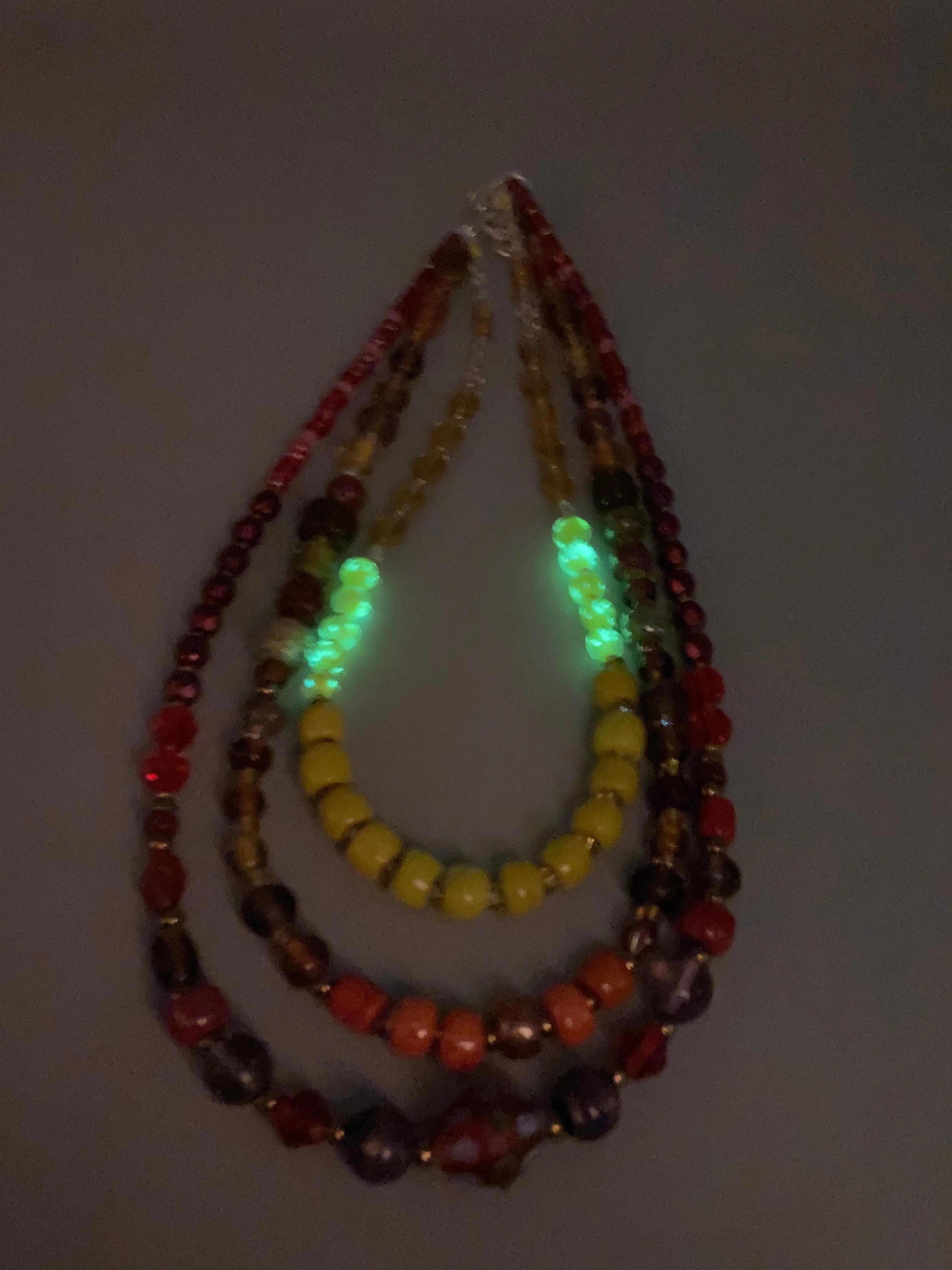 Large And Chunky Hand Beaded Necklace, Shabby Chic, Hippie, Bohemian, Fall Harvest Jewelry, Glow In The Dark Glass Beads