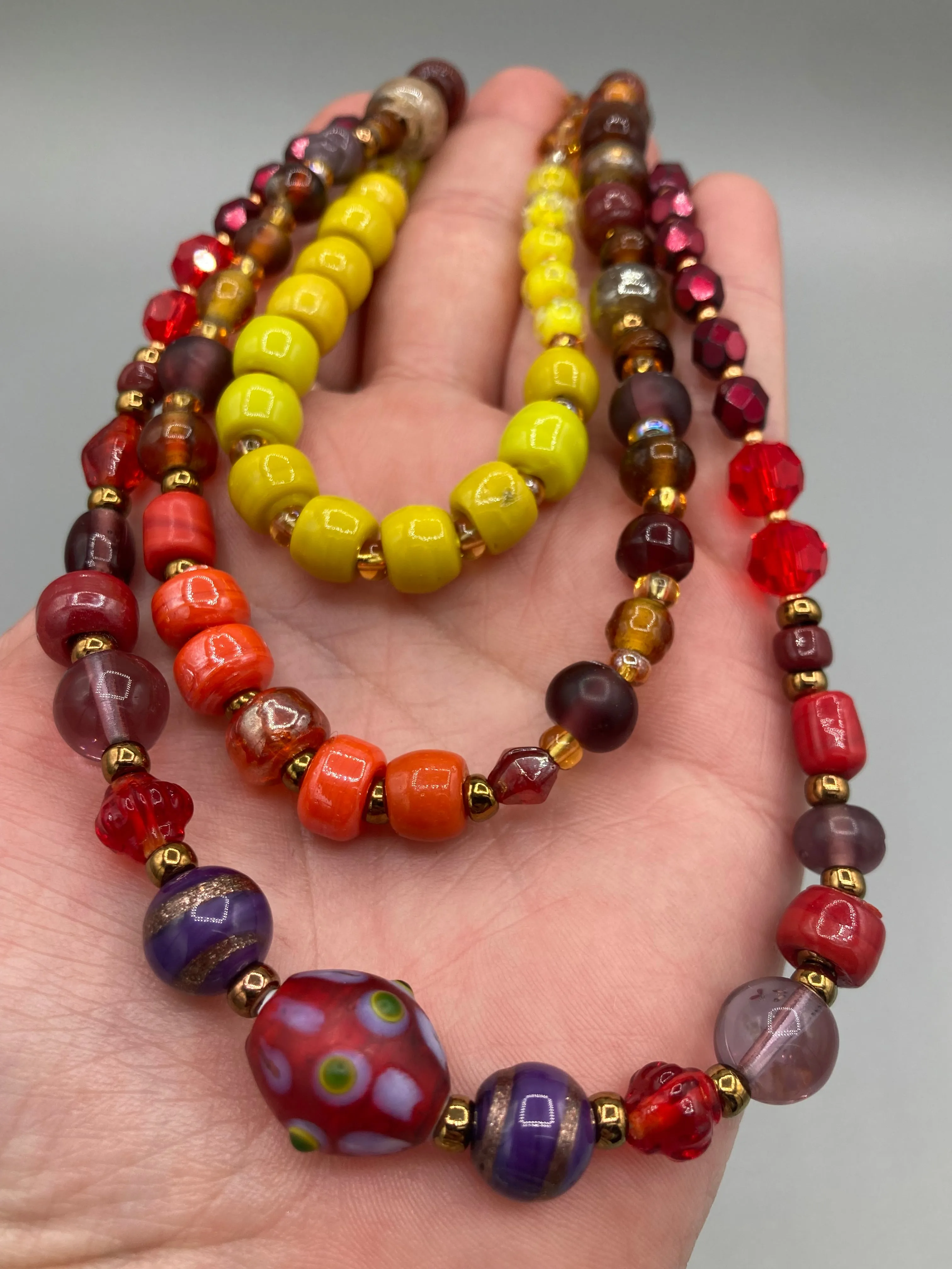Large And Chunky Hand Beaded Necklace, Shabby Chic, Hippie, Bohemian, Fall Harvest Jewelry, Glow In The Dark Glass Beads