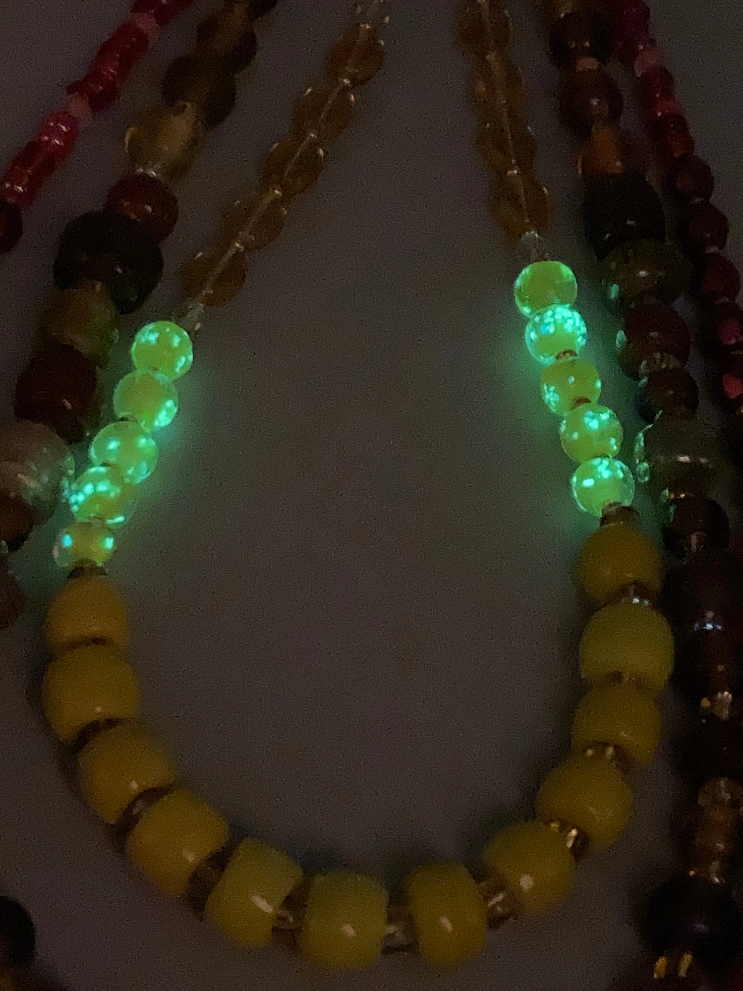Large And Chunky Hand Beaded Necklace, Shabby Chic, Hippie, Bohemian, Fall Harvest Jewelry, Glow In The Dark Glass Beads