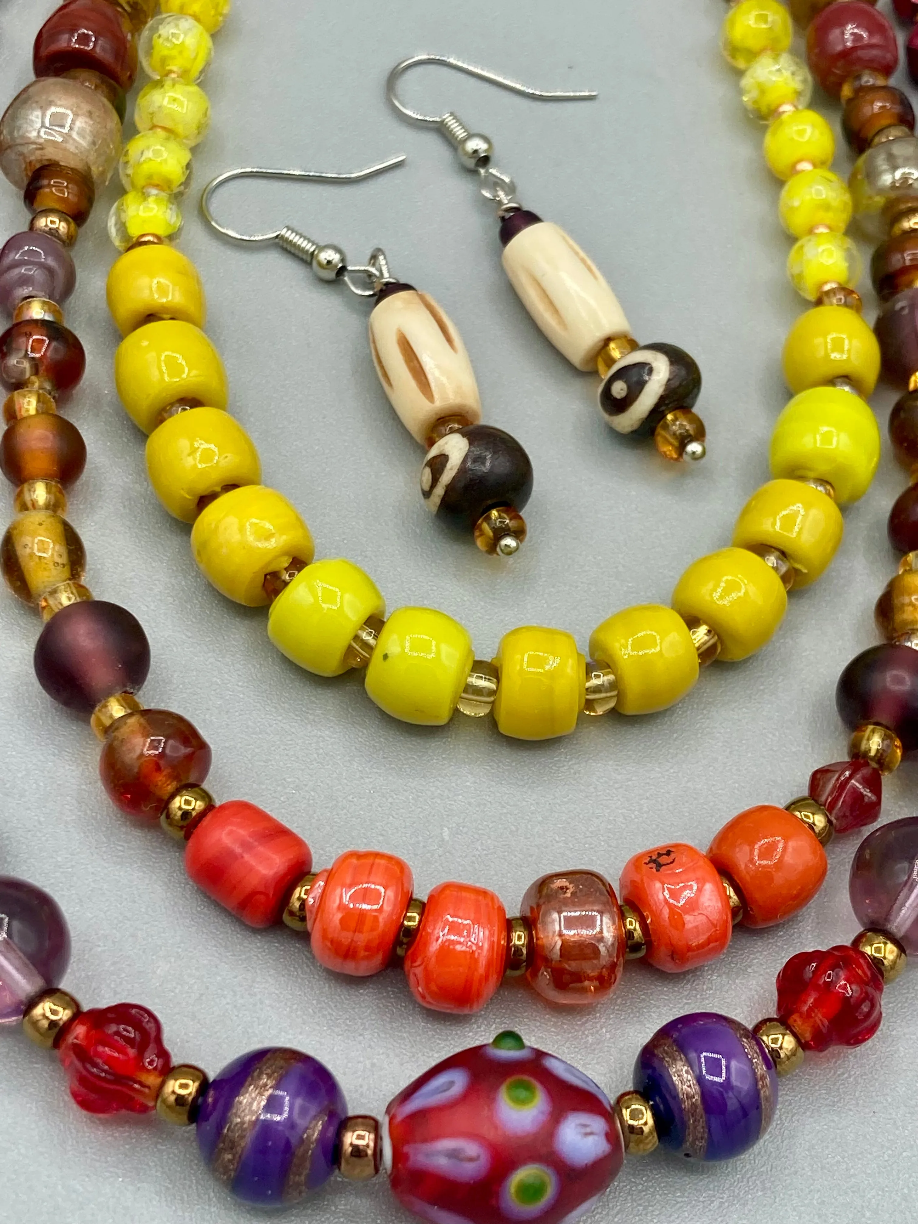 Large And Chunky Hand Beaded Necklace, Shabby Chic, Hippie, Bohemian, Fall Harvest Jewelry, Glow In The Dark Glass Beads