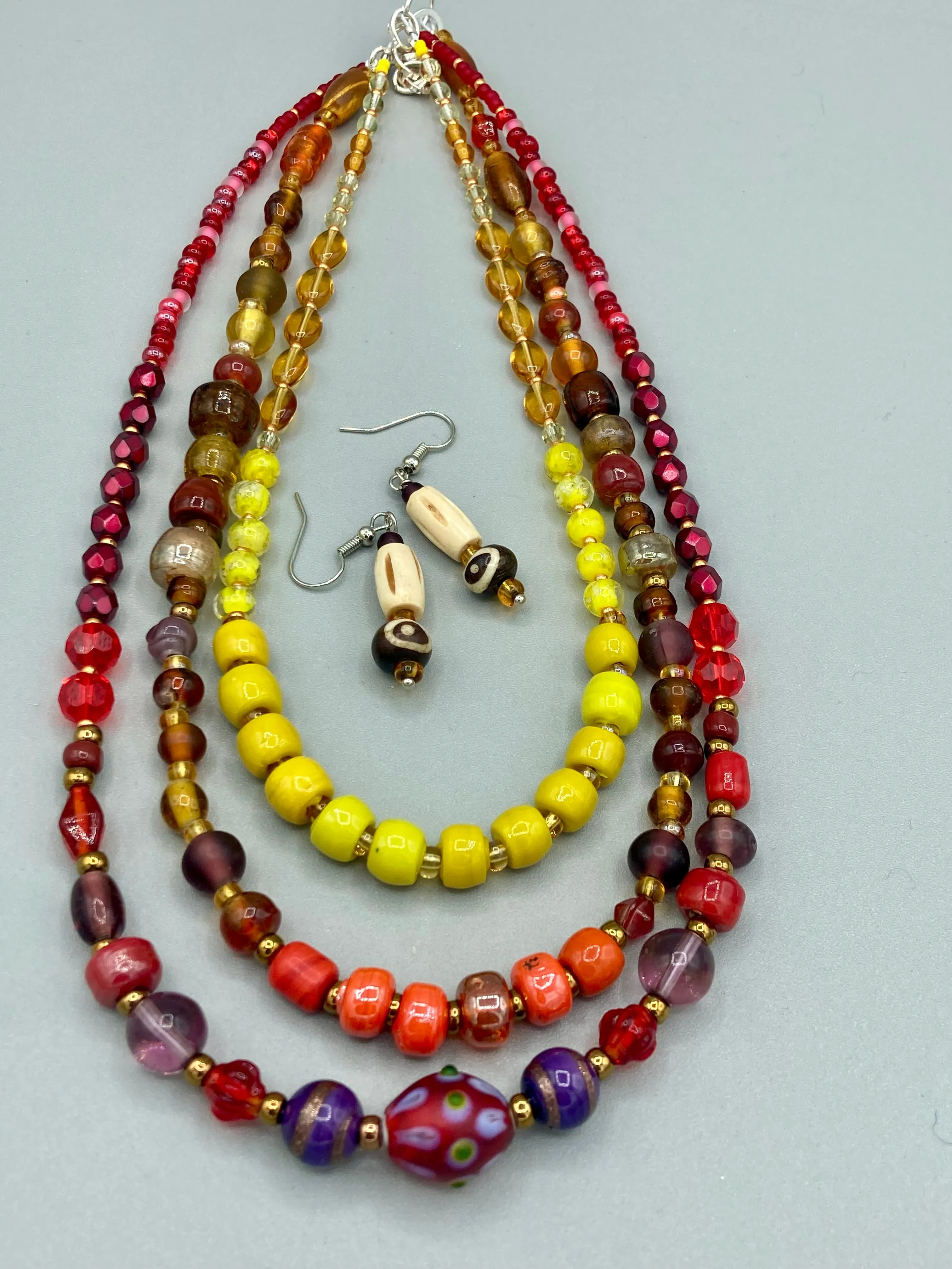 Large And Chunky Hand Beaded Necklace, Shabby Chic, Hippie, Bohemian, Fall Harvest Jewelry, Glow In The Dark Glass Beads