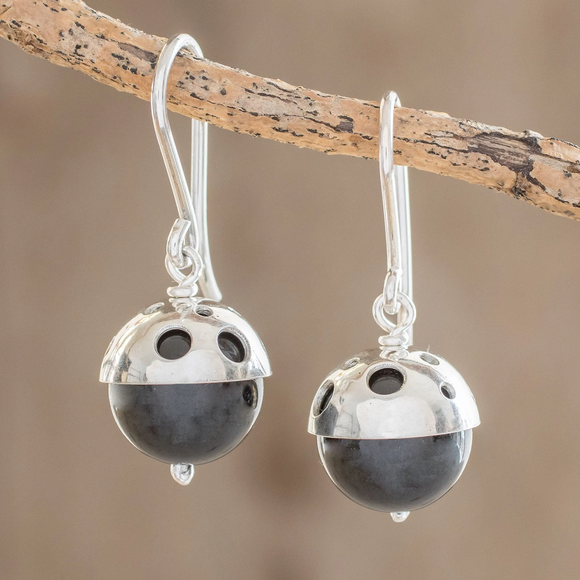 Modern Circular Onyx Dangle Earrings from Nicaragua - Modern Holes | NOVICA