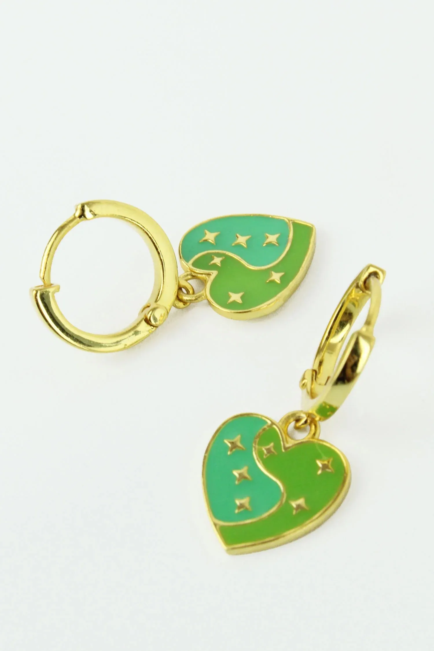 My Doris -  Gold Star Green Enamel Heart Huggie Earrings