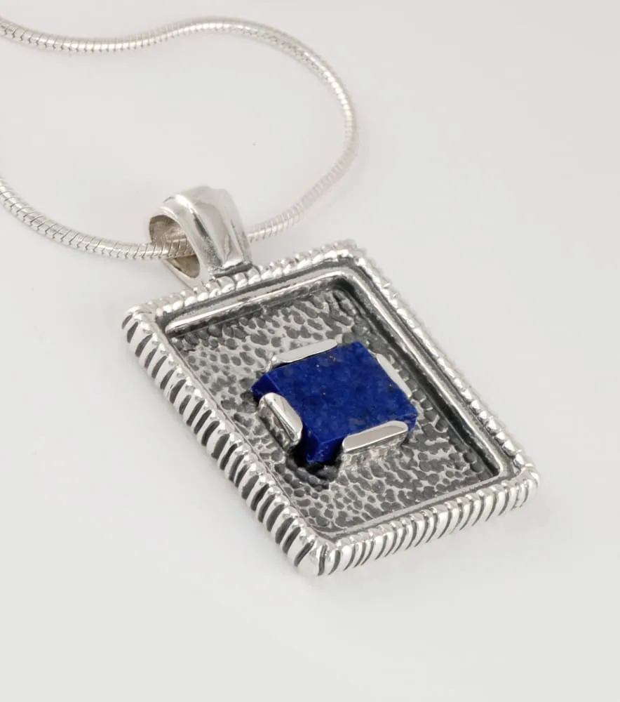 Rectangle pendant necklace: oxidized sterling silver with blue lapis lazuli