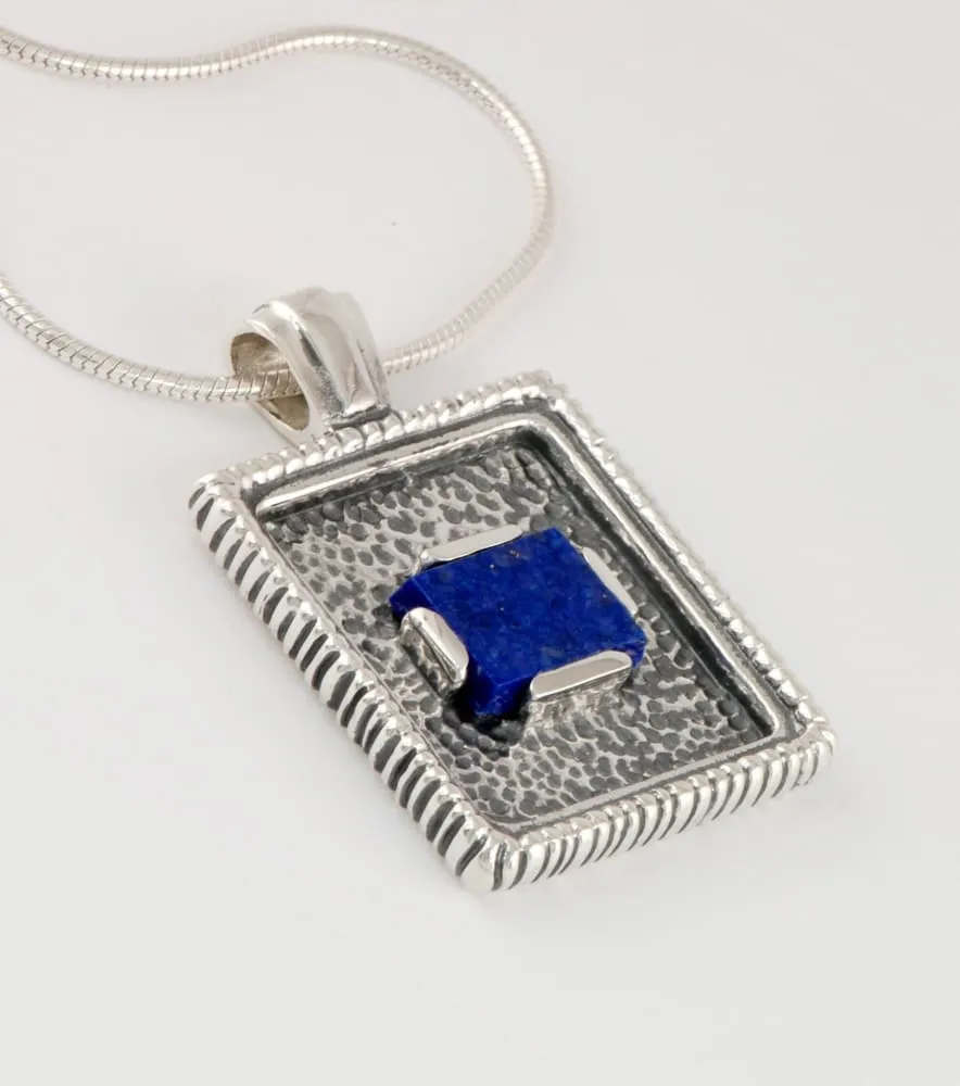 Rectangle pendant necklace: oxidized sterling silver with blue lapis lazuli