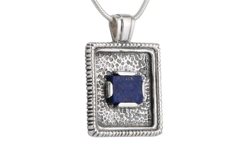 Rectangle pendant necklace: oxidized sterling silver with blue lapis lazuli