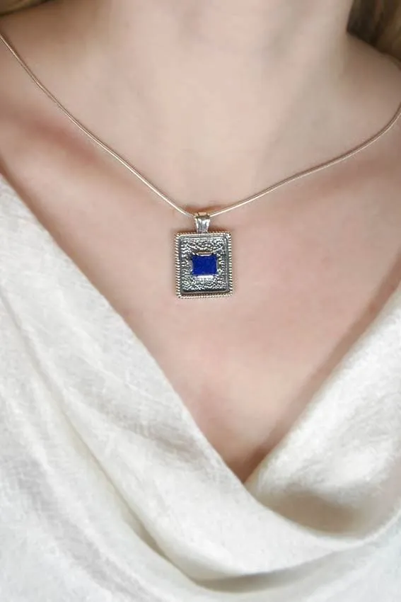 Rectangle pendant necklace: oxidized sterling silver with blue lapis lazuli