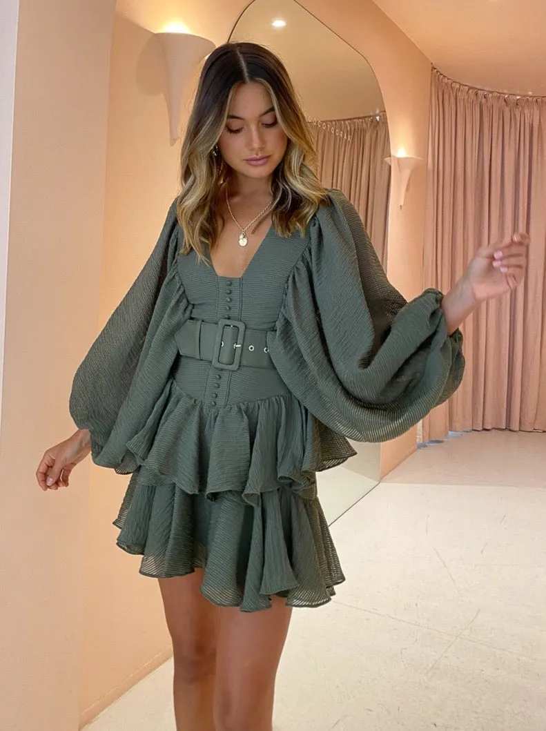 Shona Joy Charlotte Plunged Draped Mini Dress in Khaki