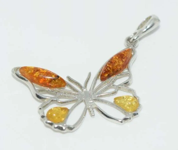 Sterling Silver Amber Butterfly Pendant 20" Bar Link Necklace