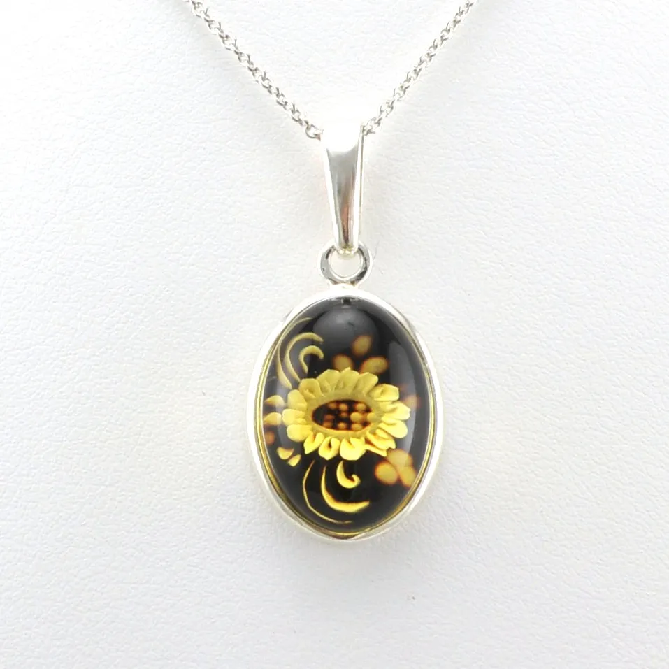 Sterling Silver Amber Intaglio Sunflower Oval Necklace