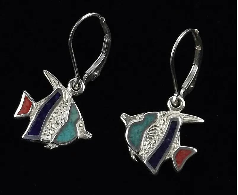 Sterling Silver Coral Turquoise Lapis Malachite Fish Bracelet Set