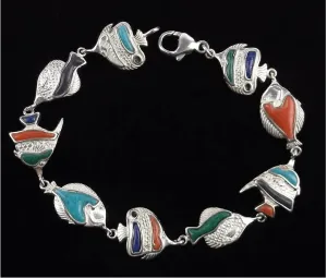 Sterling Silver Coral Turquoise Lapis Malachite Fish Bracelet Set