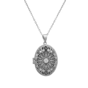 Sterling Silver Cubic Zirconia Designed Oval Locket (97280)