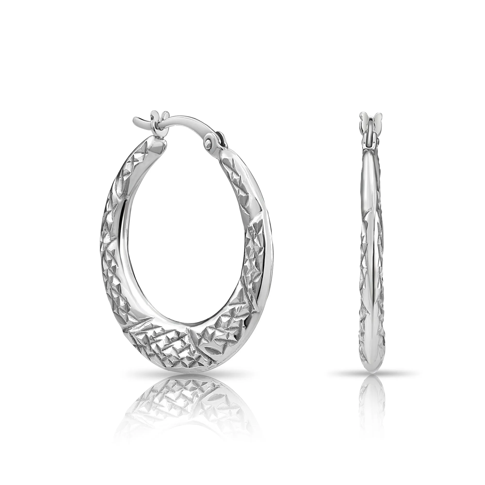 Sterling Silver Diamond-Cut Flat Hoop Earrings, 925 Sterling Silver Medium Hoop Earrings, Hand Engraved Design