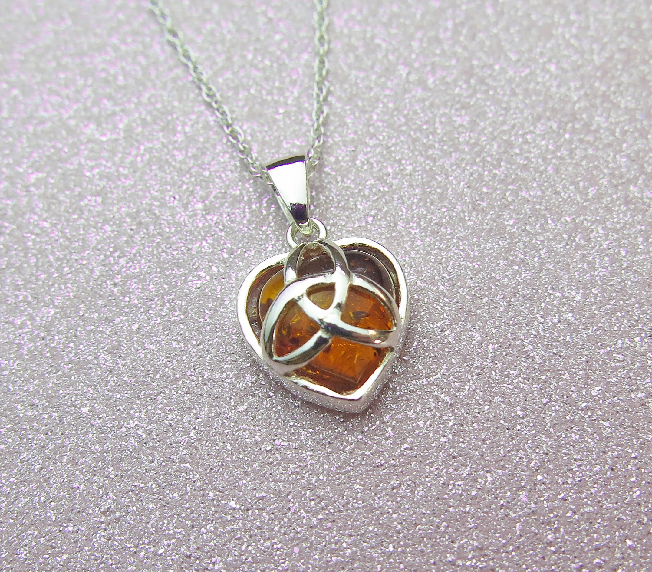Sterling Silver Genuine Cognac Amber Celtic Triquetra Love Knot Heart Pendant