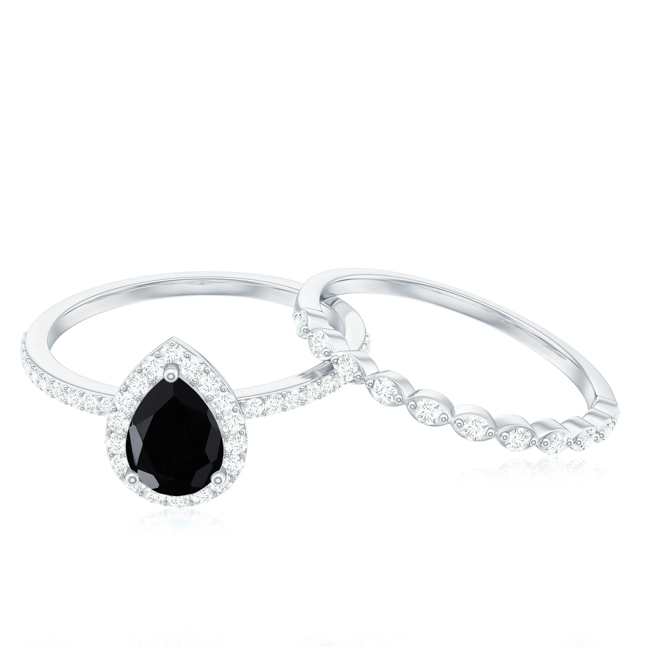 Teardrop Black Onyx Bridal Ring Set with Diamond
