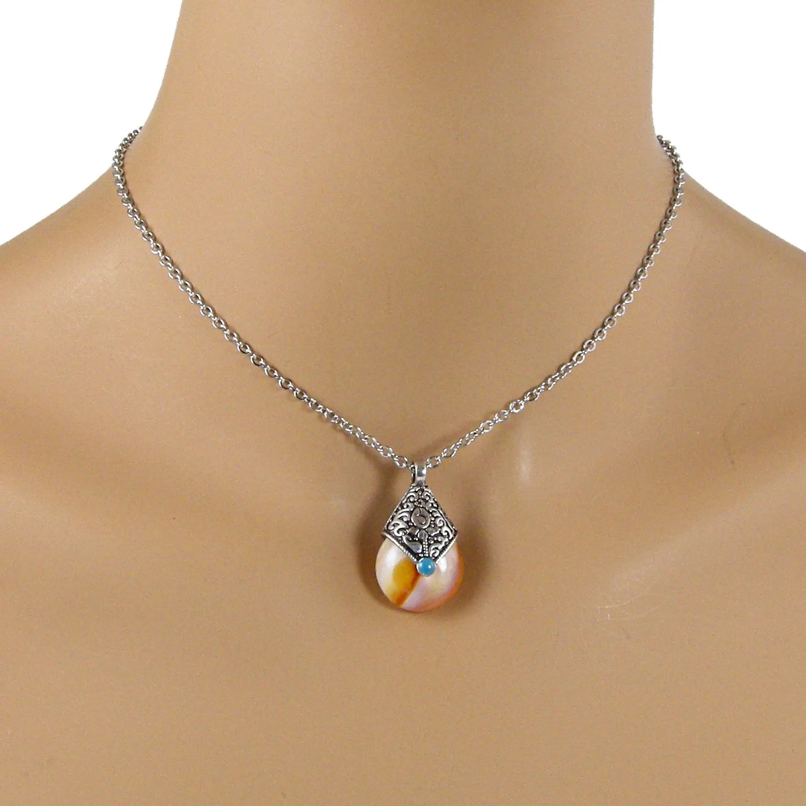 Tibetan Amber Teardrop Pendant Necklace, Nepalese Necklace