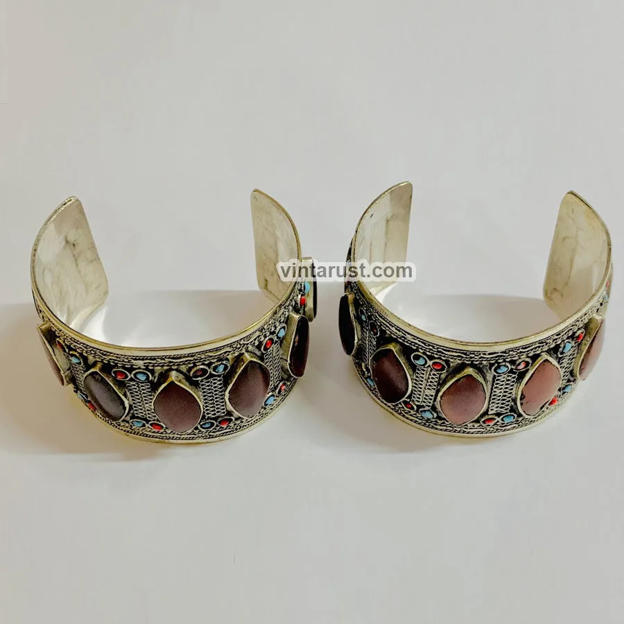 Tribal Stone Handcuff With Turquoise and Coral Beads