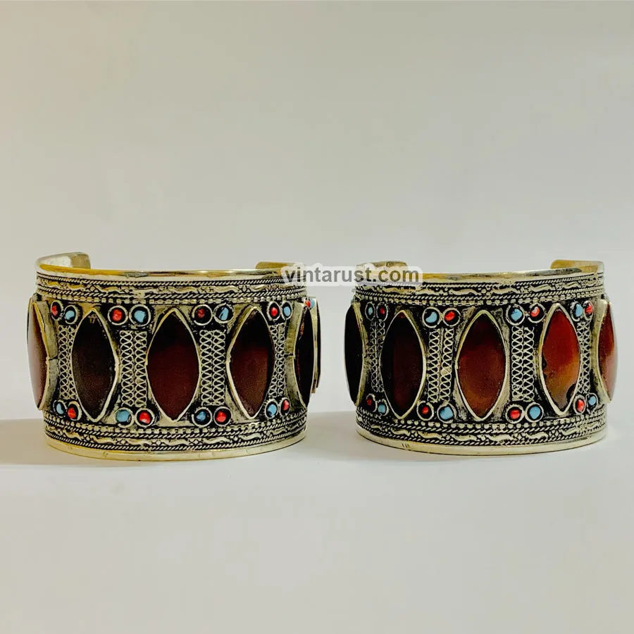 Tribal Stone Handcuff With Turquoise and Coral Beads