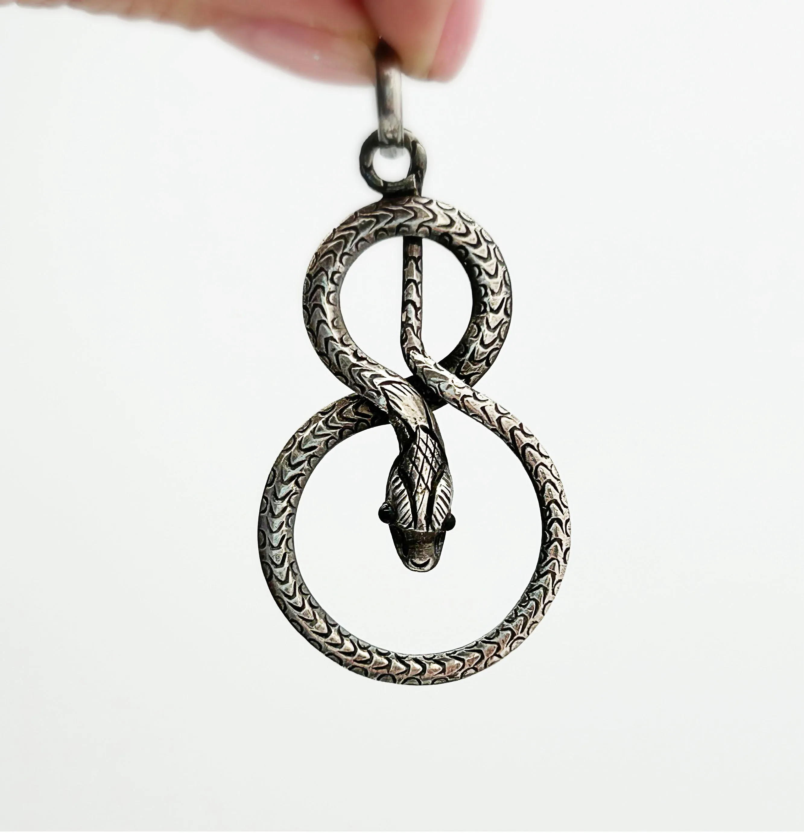 Vintage Serpent Snake with Onyx Eyes Sterling Silver Pendant