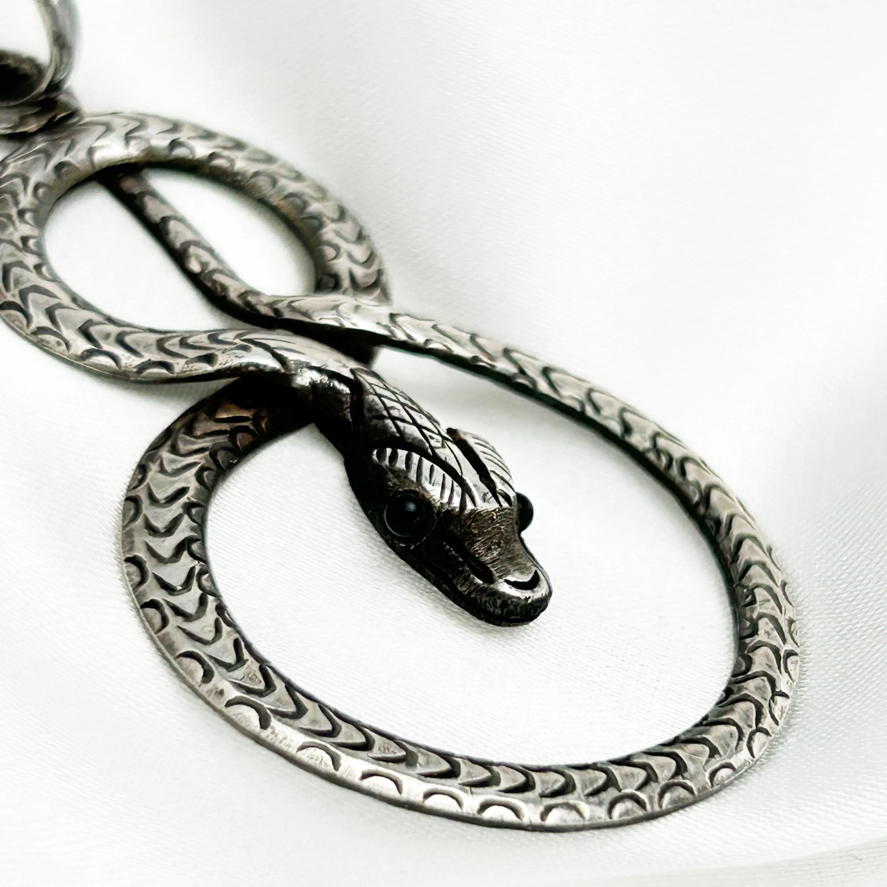 Vintage Serpent Snake with Onyx Eyes Sterling Silver Pendant