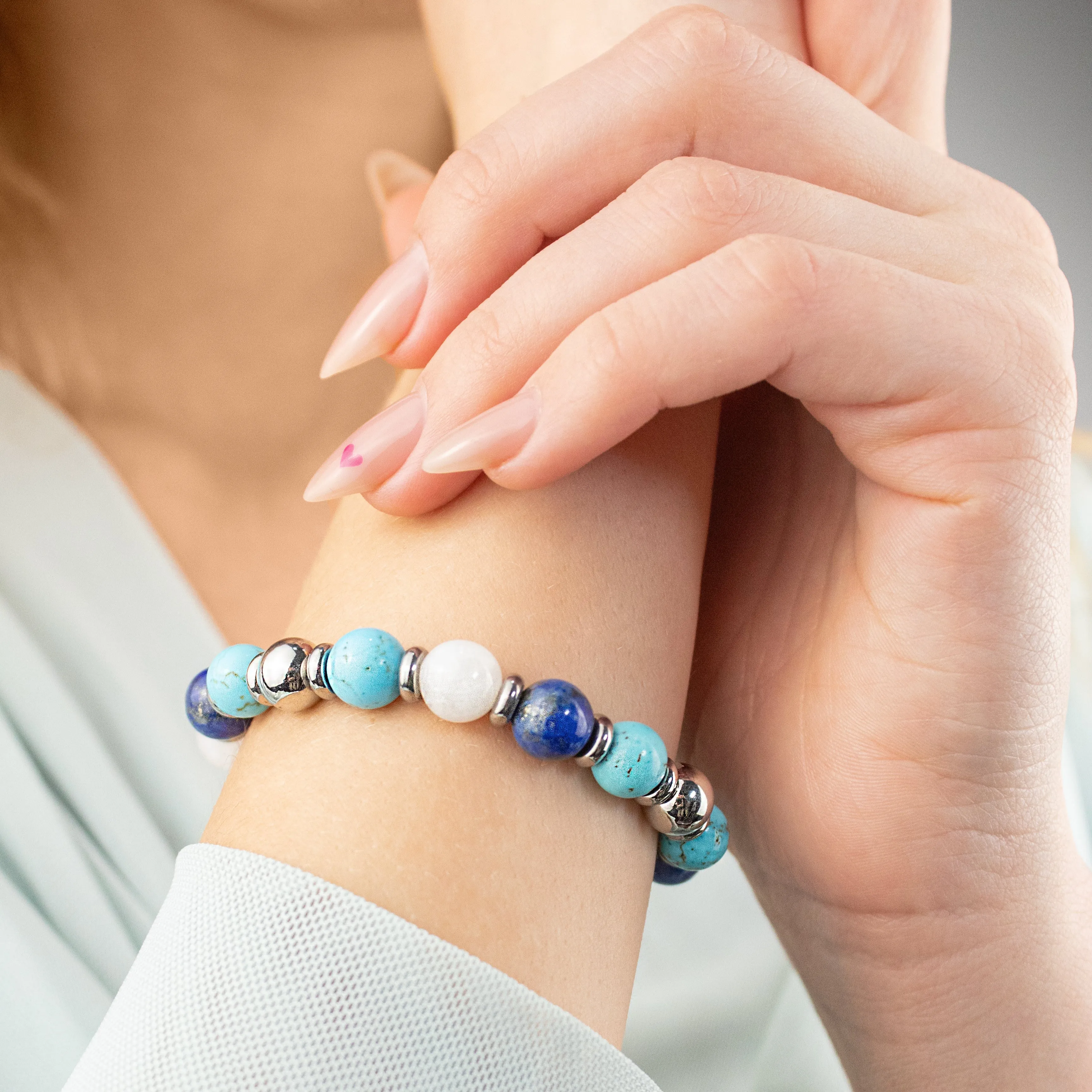 Women's Serenity and Wisdom Bracelet with Belomorite (Moonstone), Lapis Lazuli, Turquoise and Silver Steel
