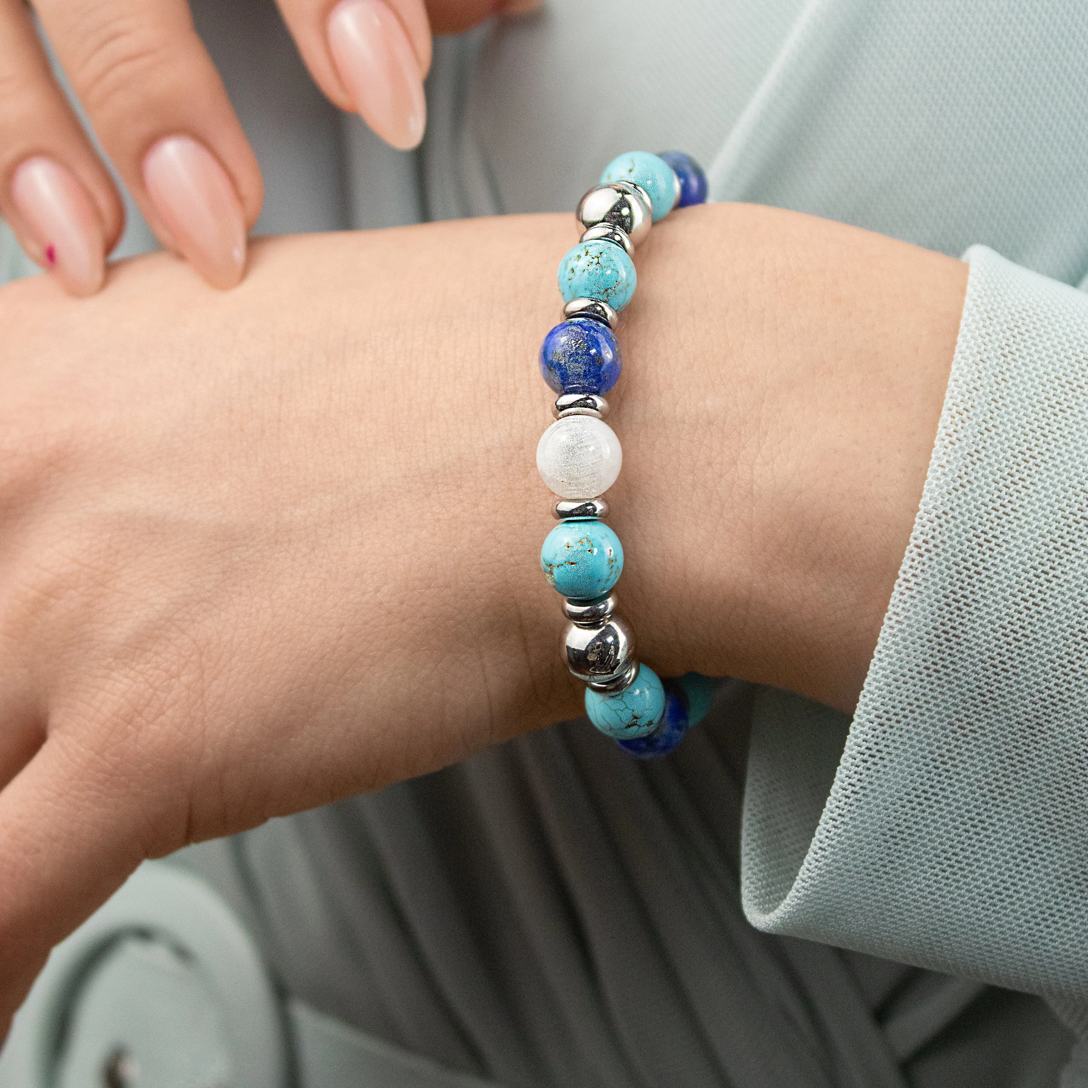 Women's Serenity and Wisdom Bracelet with Belomorite (Moonstone), Lapis Lazuli, Turquoise and Silver Steel