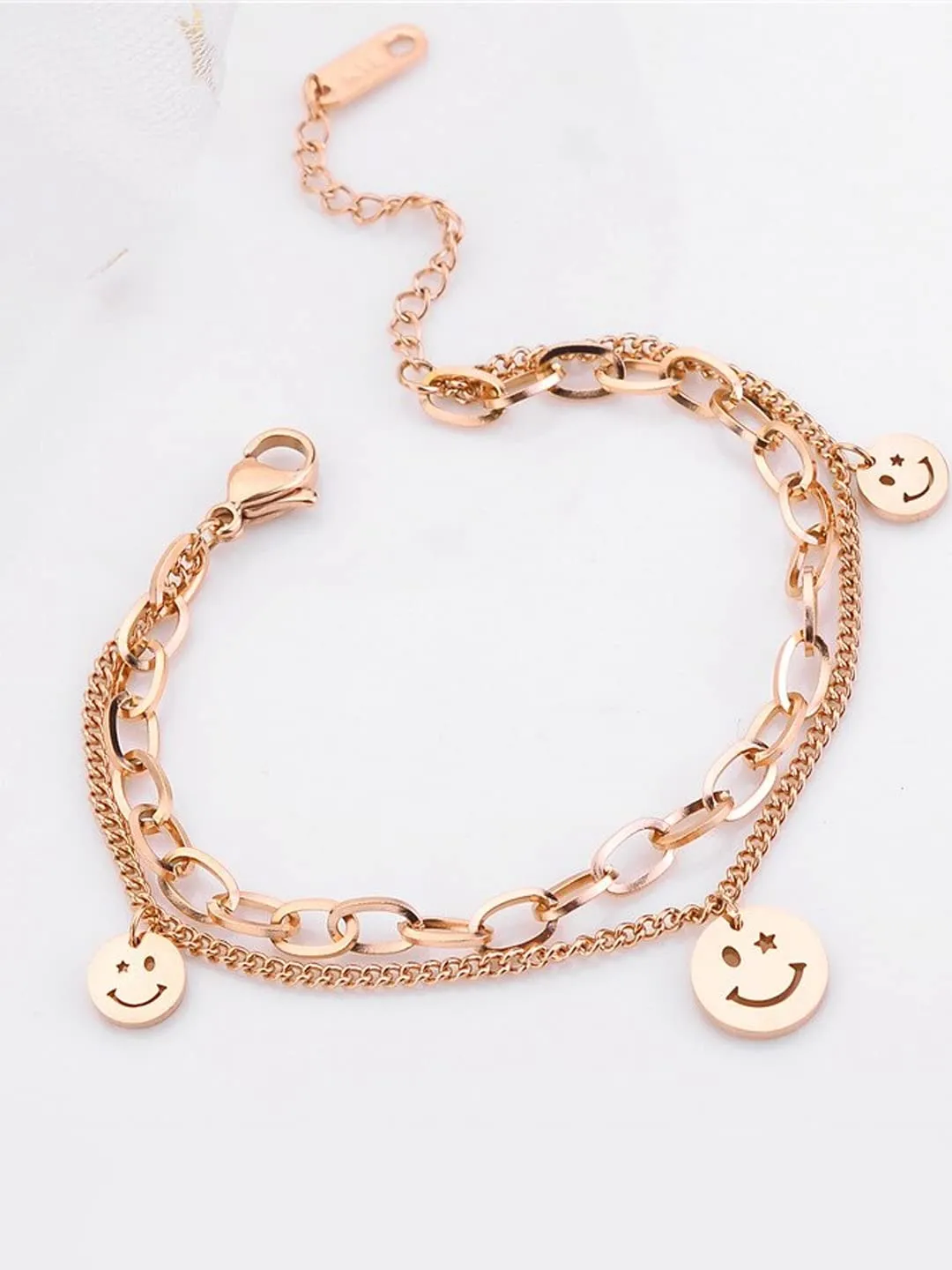 Yellow Chimes Charm Bracelet for Women Rose Gold-Plated Stainless Steel Link Chain Smiley Charm Bracelet For Women and Girls